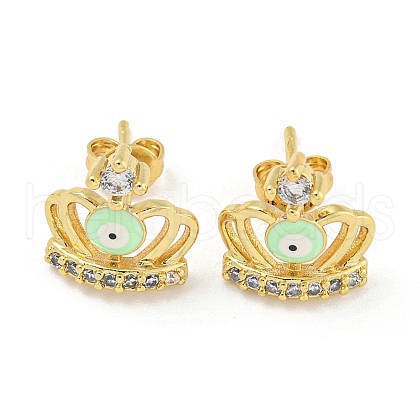 Crown with Evil Eye Real 18K Gold Plated Brass Stud Earrings EJEW-L269-108G-01-1