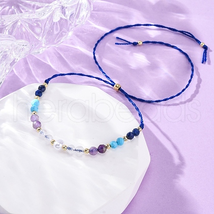 Faceted Round Natural Lapis Lazuli & Turquoise & Amethyst & Quartz Crystal Braided Bead Bracelets BJEW-F493-09G-04-1
