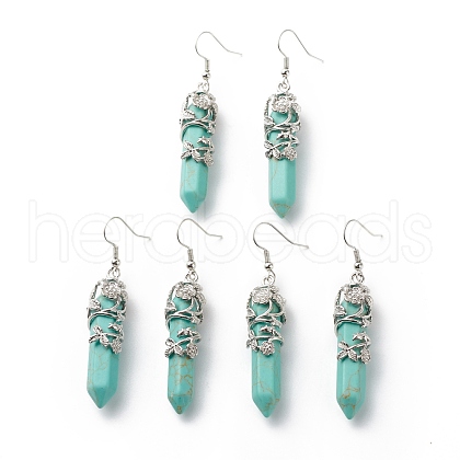 Synthetic Turquoise Bullet with Flower Dangle Earrings EJEW-G300-02P-09-1