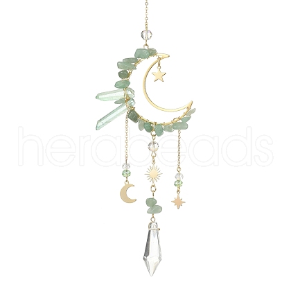 Natural Green Aventurine Chips & Brass Moon Pendant Decorations HJEW-TA00066-02-1