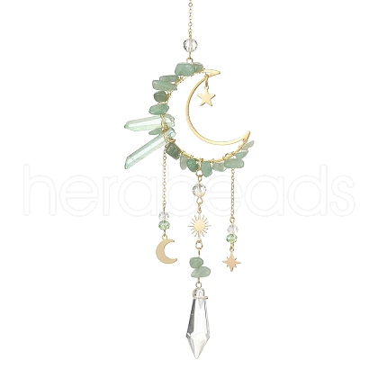 Natural Green Aventurine Chips & Brass Moon Pendant Decorations HJEW-TA00066-02-1