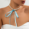 Bowknot Satin Cord Plastic Imitation Pearl Round Beaded Choker Necklaces for Women WG8633D-03-1