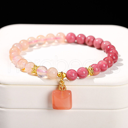 Natural Cherry Blossom Agate Round Beads Charm Bracelets WG049BD-04-1