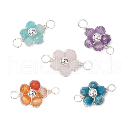 Natural Amazonite & Apatite & Rose Quartz & Amethyst & Red Agate Faceted Round Beaded Flower Connector Charms PALLOY-JF03605-02-1