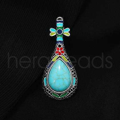 Synthetic Turquoise Musical Instrument Pipa Brooch with Enamel G-PW0007-054C-1