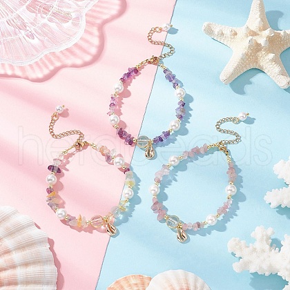 3Pcs Natural Quartz Crystal & Rose Quartz & Fluorite & Amethyst Chip Beaded Bracelsets BJEW-JB11917-1