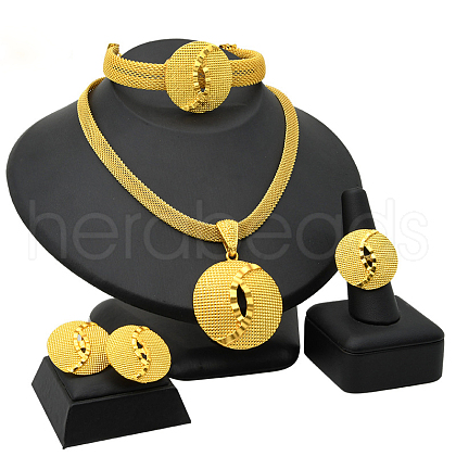 Flat Round Alloy Pendant Necklaces & Stud Earrings & Rings & Bangles Sets FS-WG5D99A-04-1