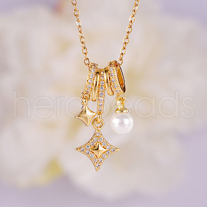 Brass Micro Pave Clear Cubic Zirconia Star and Imitation Pearl Pendant Necklaces for Women FS-WGAADF6-03-1
