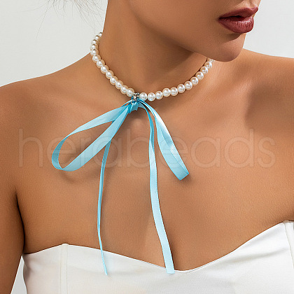 Bowknot Satin Cord Plastic Imitation Pearl Round Beaded Choker Necklaces for Women WG8633D-03-1