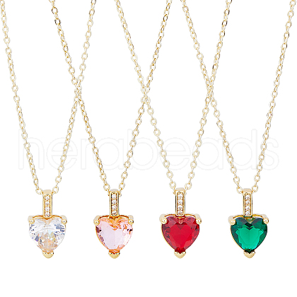 FIBLOOM 4Pcs 4 Colors Brass Micro Pave Cubic Zirconia Heart Pendant Necklaces Set NJEW-FI0001-58-1