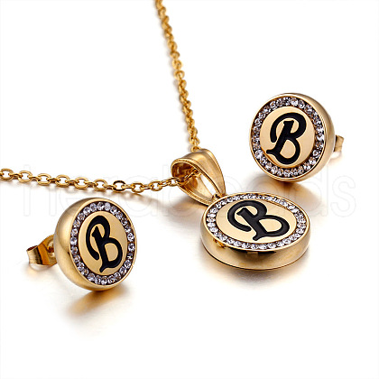 Flat Round with Letter Pattern 304 Stainless Steel Crystal Rhinestone Pendant Necklace & Stud Earring FS-WG33EDD-02-1