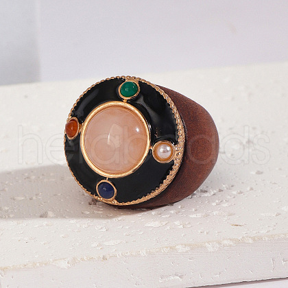 Flat Round Wood & Resin & Natural Rose Quartz Finger Rings FS-WG75D49-02-1