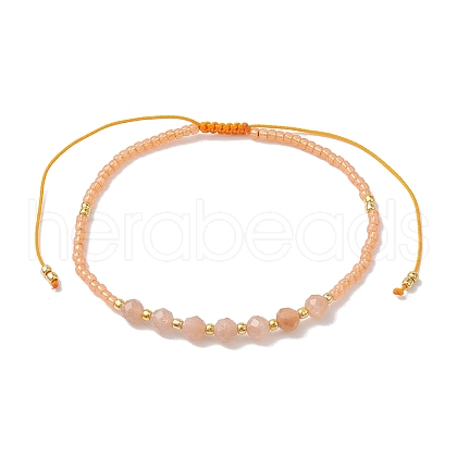 Adjustable Natural Sunstone & Seed Braided Bead Bracelets BJEW-JB10181-02-1