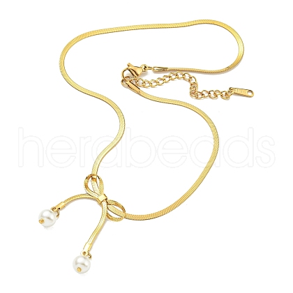 Ion Plating(IP) 304 Stainless Steel Flat Snake Chain Bowknot Pendant Necklaces NJEW-Z041-06G-1