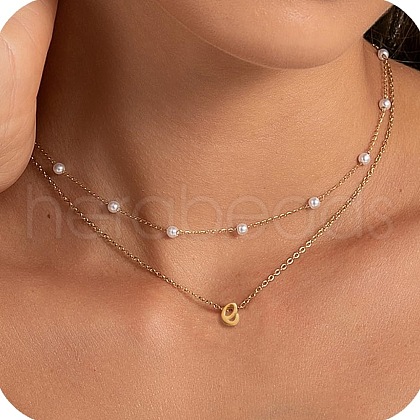 2Pcs 304 Stainless Steel & White Plastic Imitation Pearl Letter Pendant Double Layer Necklaces FS-WG86091-05-1