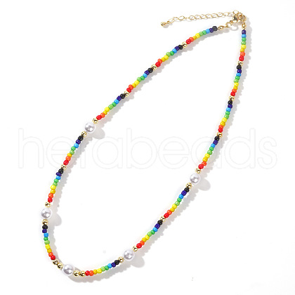 Rainbow Fashion Glass Pearl Bead Necklace Handmade Mixed Color Rice Beads Women. AP1296-2-1