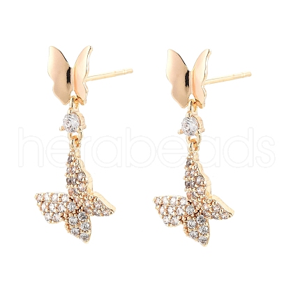 Clear Cubic Zirconia Double Butterfly Dangle Stud Earrings EJEW-C047-06G-1