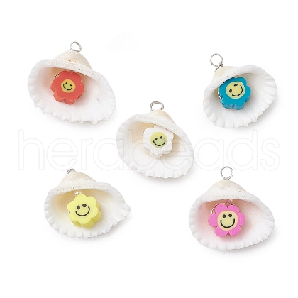 Natural Clam Shell & Smiling Face Handmade Polymer Clay Pendants PALLOY-JF03802-02-1