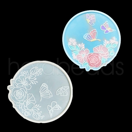 Flat Round with Flower & Butterfly Cup Mat Silicone Molds DIY-M034-29-1