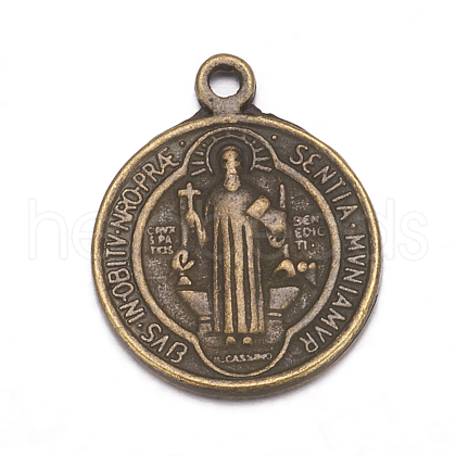 Antique Bronze Flat Round with Saint Benedict Tibetan Style Alloy Pendants X-TIBEB-A9489-AB-FF-1