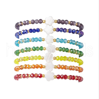 7Pcs 7 Colors Flower Natural Shell & Glass & Seed Beaded Stretch Bracelets Set BJEW-JB10182-1