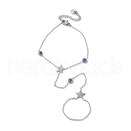 Stainless Steel Royal Blue Enamel Evil Eye & Star Ring Bracelets for Women BJEW-G719-05P-1