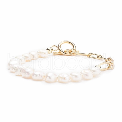 Mother's Day Jewellery Natural Pearl Beaded Bracelet with Brass Paperclip Chains for Women BJEW-JB07920-01-1