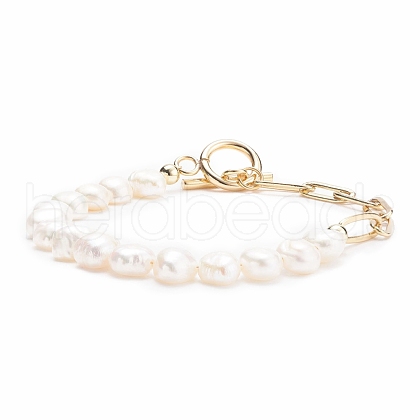 Natural Pearl Beaded Bracelet with Brass Paperclip Chains for Women BJEW-JB07920-01-1