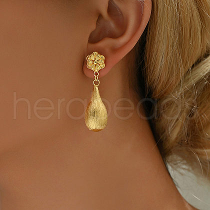 Elegant Brass Teardrop with Flower Dangle Stud Earrings XB1287-1