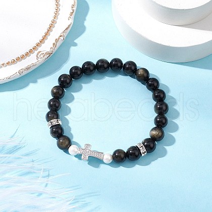 Natural Golden Sheen Obsidian Round Beads Stretch Bracelets BJEW-JB11807-01-1