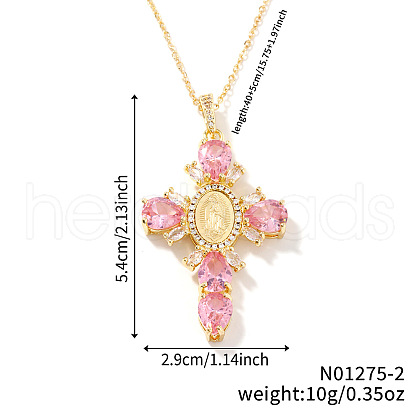 Brass Pave Cubic Zirconia Virgin Mary Cross Pendant Necklaces FU1040-2-1