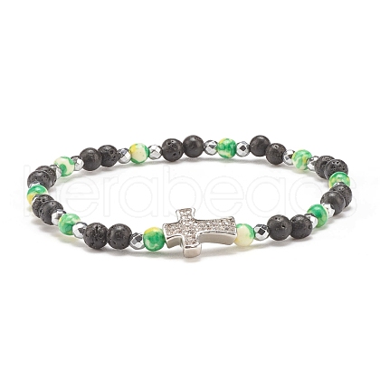 Natural & Synthetic Mixed Gemstone Beaded Stretch Bracelet with Clear Cubic Zirconia Cross for Women BJEW-JB08247-02-1