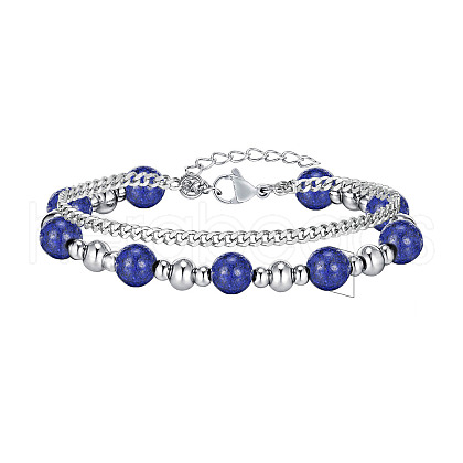 Stainless Steel & Natural Lapis Lazuli Beaded Bracelets PW-WGDF720-02-1