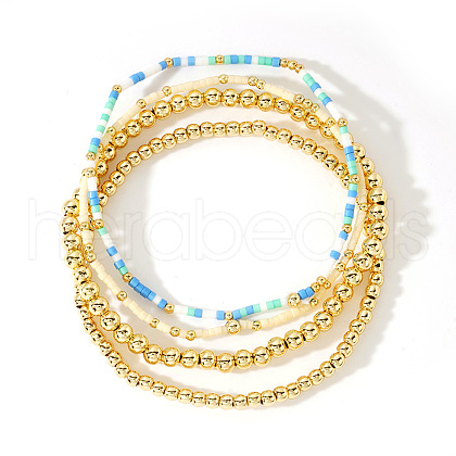 4Pcs 4 Styles Glass Seed Cylinder Beads Stretch Bracelet & Brass Round Beads Stretch Bracelet Set BP7471-5-1