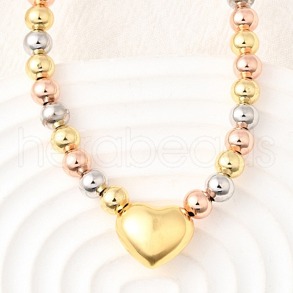 Three-color Brass Heart & Round Beaded Necklaces for Women NJEW-D314-10PG-1