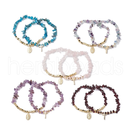 2Pcs Natural Gemstone Chip & Cube Non-magnetic Synthetic Hematite Beaded Stretch Bracelet Sets BJEW-JB10630-1