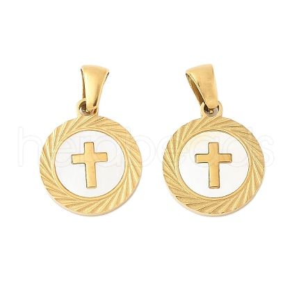 304 Stainless Steel Pave Natural White Shell Flat Round Pendant Necklaces STAS-R168-23G-01-1