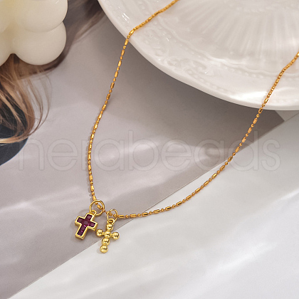 Brass Cubic Zirconia Double Cross Pendant Necklaces for Women Vacation WS8351-2-1
