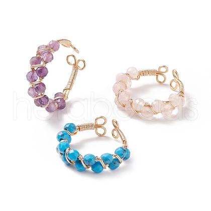 Round Gemstone Braided Open Cuff Ring RJEW-JR00508-1