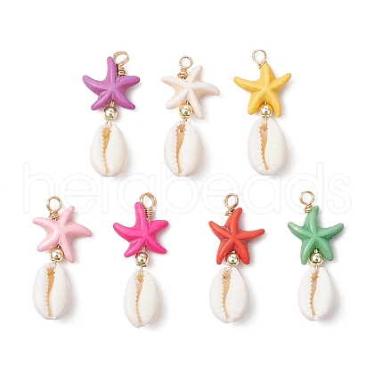 Starfish Dyed Synthetic Turquoise & Natural Cowrie Shell Pendants PALLOY-JF03553-1