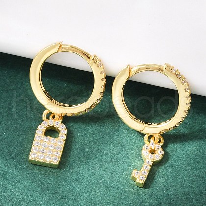 Lock & Key 925 Sterling Silver Micro Pave Clear Cubic Zirconia Hoop Earrings for Women EJEW-G427-01G-03-1