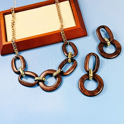 Alloy with Acrylic Oval Link Chain Pendant Necklace & Stud Dangle Earring Sets FS-WGB1D27-01-1