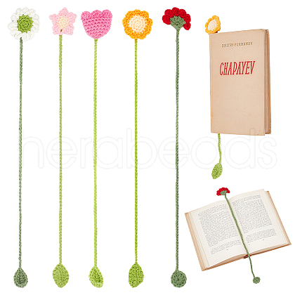 CRASPIRE 5Pcs 5 Styles Woolen Yarn Crochet Plant Bookmarks AJEW-CP0007-95A-1