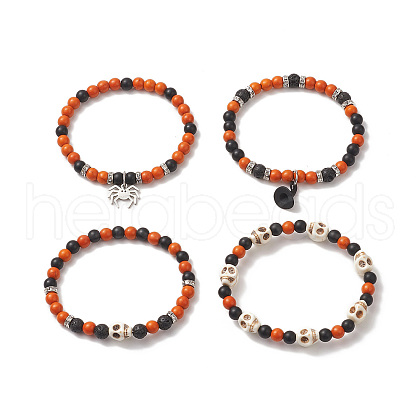 4Pcs 4 Style Dyed Natural & Synthetic Mixed Gemstone Skull Beaded Stretch Bracelets Set BJEW-JB09324-1