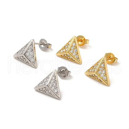 Rack Plating Brass Micro Pave Clear Cubic Zirconia Triangle Stud Earrings EJEW-F301-22-1