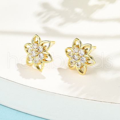 Flower Brass Micro Pave Clear Cubic Zirconia Stud Earrings EJEW-H162-06G-1