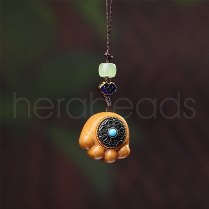 Sandalwood Cat Paw Print Pendant Decorations with Carved Inlaid Six-Character Mantra PW-WGCC698-02-1