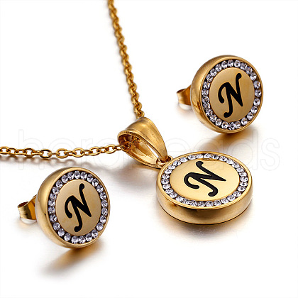 Flat Round with Letter Pattern 304 Stainless Steel Crystal Rhinestone Pendant Necklace & Stud Earring FS-WG33EDD-14-1