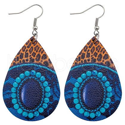 Imitation Leather Teardrop with Leopard Print Dangle Earrings BOHO-PW0001-004B-1