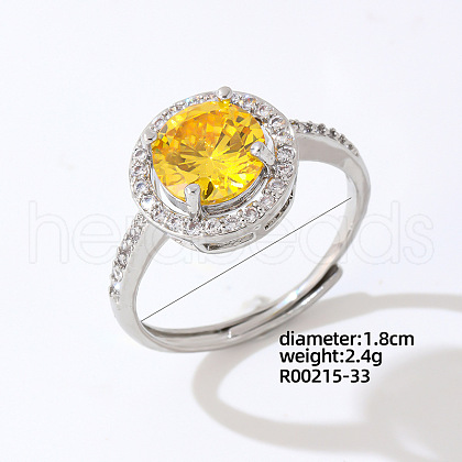 Mother's Day Rings Flat Round Platinum Brass Adjustable Ring with Yellow Cubic Zirconia EG7863-27-1